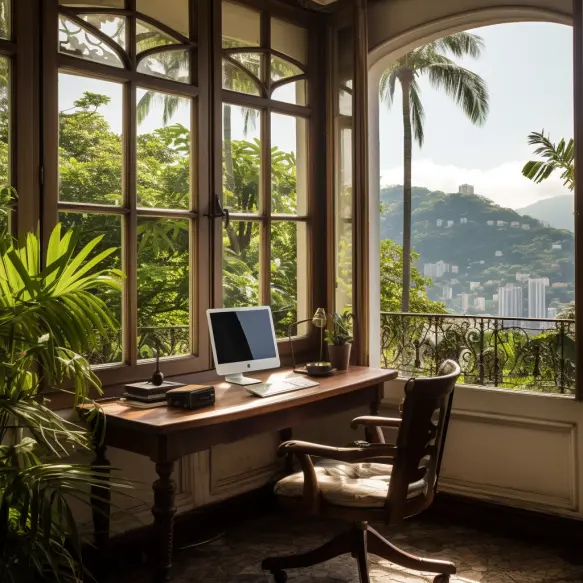 Escritório com uma paisagem natural ao fundo que pode ser vista pelas janelas